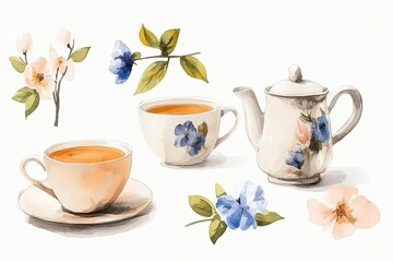 Beautiful watercolor illustration of tea set with floral designs and blooming branches