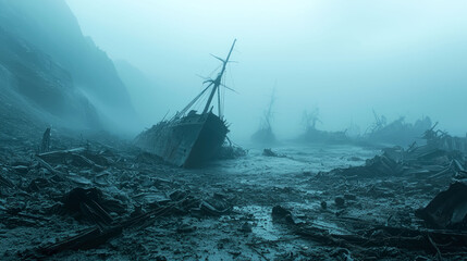 Obraz premium Eerie Shipwreck Coast: Foggy Landscape of Ruined Vessels