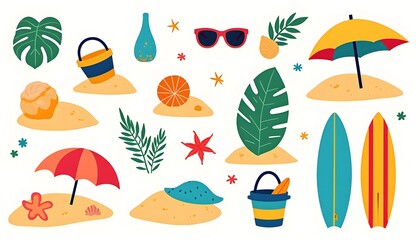 Summer Beach Scene With Sandcastles Umbrellas And Surfboards