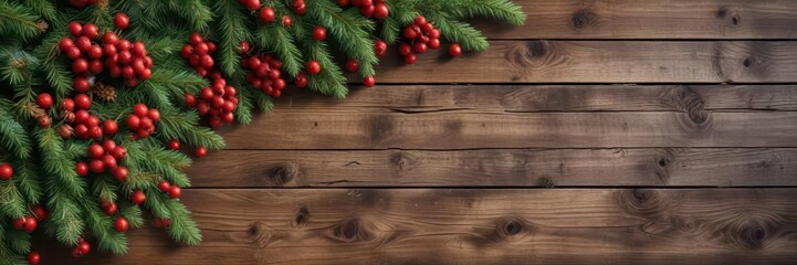 Fototapeta premium lush greenery of fir branches and colorful berries against a rustic wooden background, Branches, Rustic Wood, Evergreen