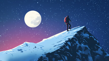 Moonlit aurora ridge: climber walking along a ridge illuminated by both the moon and the aurora borealis. Aurora Ridge. Illustration