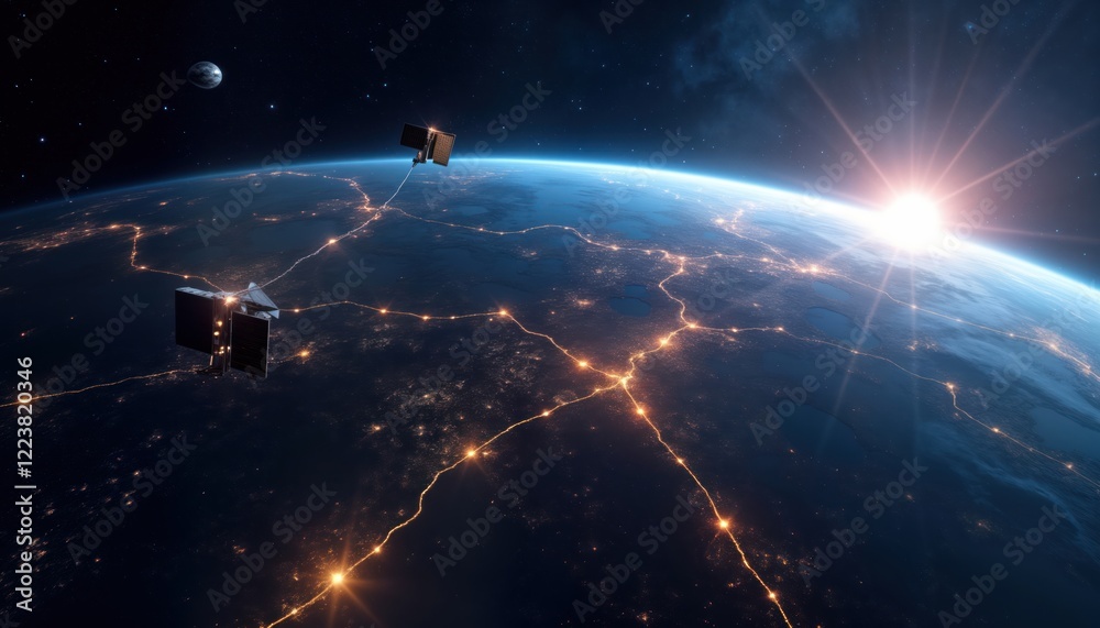 Poster satellite trails orbit planet earth illuminated by city lights. space tech concept. network of satel
