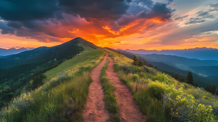 Fototapeta premium Mountain ridge trail at sunset with dramatic clouds. Aurora Ridge. Illustration