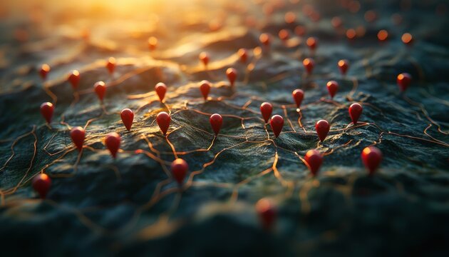 3D map with network of red location pins and geospatial connections in a minimalistic style