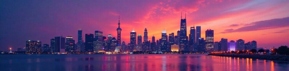 Fototapeta premium Minimalist cityscape at dusk, modern, skyscrapers