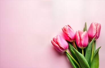 Fototapeta premium Pink tulips bouquet on pastel pink background. Spring flowers arrangement. Flat lay. Perfect for spring holidays like Easter Mother Day. Beautiful floral design for greeting cards, invitations,