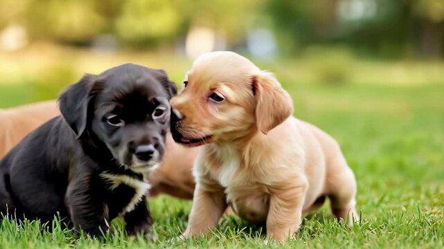 Three puppies playing in the grass