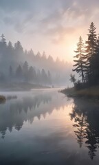 Fototapeta premium Misty dawn on misty lake with soft watercolor brush strokes, gentle ripples, tranquil, mist