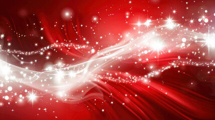 Red background with sparkling stars and flowing light patterns, creating festive and vibrant atmosphere. Perfect for holiday themes and celebrations