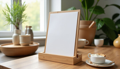 Obraz premium Blank whiteboard on wooden table with coffee cup