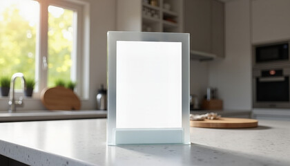 Obraz premium Blank illuminated frame on kitchen countertop