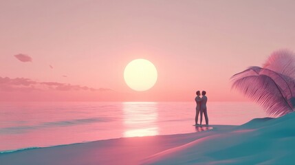 Fototapeta premium Romantic sunset beach scene with a couple embracing, palm trees and a serene ocean.