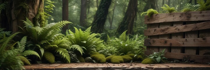 Moss and ferns amidst wooden accents and earthy tones,  wood,  nature,  rustic