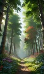 Fototapeta premium Lush green forest with tall trees and vibrant flowers , outdoors, wildflowers