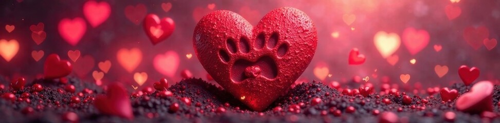 Obraz premium Dog paw footprint texture on a beautiful heart-shaped valentine wallpaper, pattern repeat, seamless design