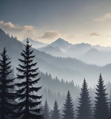 Obraz premium Fir tree silhouettes against hazy mountain backdrop, fog, retro, forest