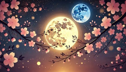 Dreamy Cherry Blossom Silhouettes with a Glowing Full Moon on a Magical Spring Night