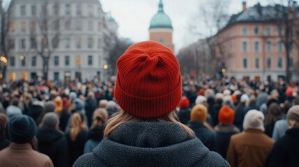 A person in a red beanie watches a large crowd gathered in an urban setting, with historic buildings and a dome in the background.
