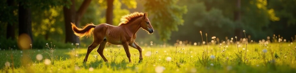 Foal frolics in sunlit forest clearing with mother by side , horse, trees, mare