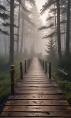 Obraz premium Foggy fir forest at dusk with old wooden bridge, fir tree, forest path, wooden bridge