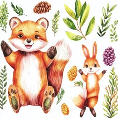 Fototapeta premium Adorable fox and rabbit characters surrounded by nature elements in a vibrant illustration