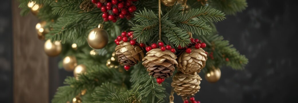 Red berries and pinecones hang from a Christmas tree branch with gold ornaments, frosted, decorations
