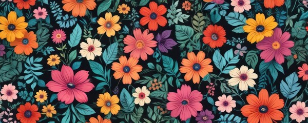 Retro Vector Pattern of Colorful Flowers and Leaves, leaves, illustration