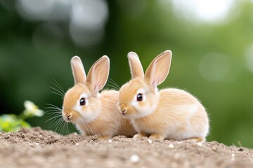 Fototapeta premium Two adorable baby rabbits exploring a garden setting with blurred greenery in the background