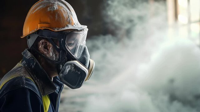 Professional construction worker wearing a high-grade dust mask, surrounded by lot of floating particles of glass wool dust in a construction site	
