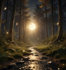 Shimmering gold glitter swirls through a serene, moonlit forest landscape ,  mystical,  glitter