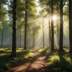 Obraz premium Panorama of a Wald with sunlight filtering through trees, nature, foliage