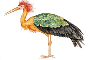 Fototapeta premium Vibrant illustration of a unique bird with colorful plumage standing gracefully in a serene environment