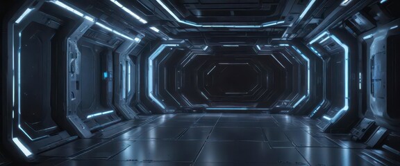 Futuristic space station with sleek metallic surfaces and glowing blue panels, glowing lights, futuristic design, space exploration