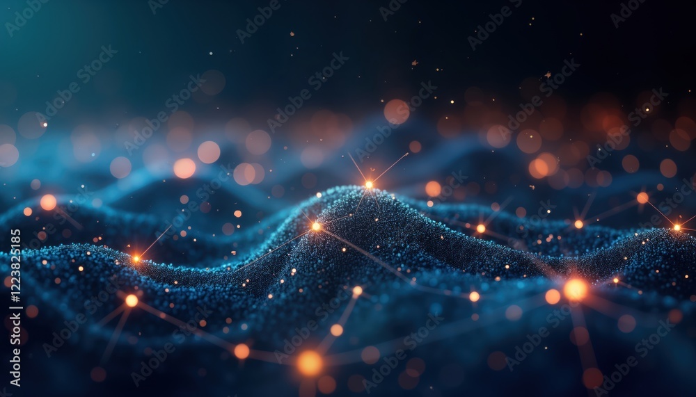 Leinwandbilder Abstract digital data visualization of network connections. Wave-like patterns of connected particles form intricate network structure. Dynamic glowing points light up connections. Modern tech design
