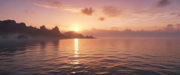 Fototapeta premium Gentle fog rolls in over a calm ocean at sunset, rolling waves, serene atmosphere, ocean