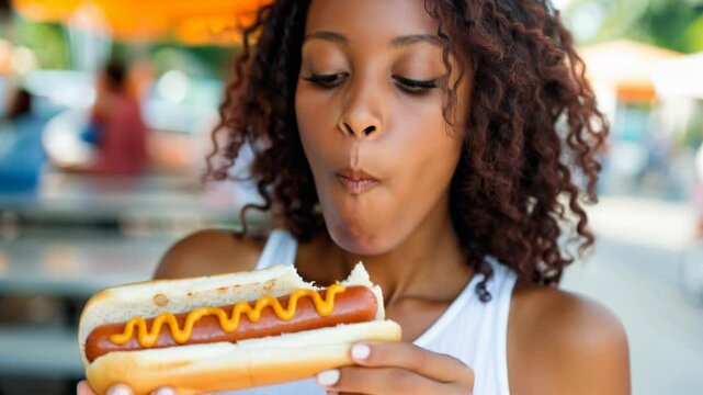 Beautiful young woman having a hotdog at a county fair