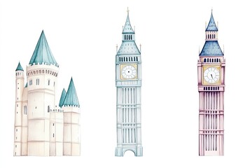 Watercolor illustrations of iconic towers and castles with intricate details and soft colors