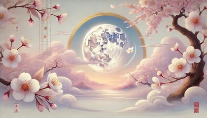 A serene and enchanting landscape with a delicate crescent moon surrounded by soft clouds, featuring fluttering cherry blossoms in a traditional Japanese ukiyo-e style
