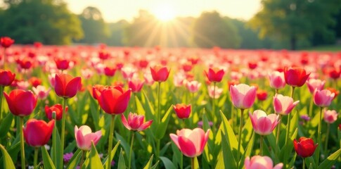 Petal-filled fields with vibrant blooms and soft sunlight filtering through, spring, colorful, garden