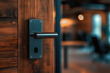 Obraz premium Modern Door Handle in a Rustic Wooden Door, Office Interior in the Background