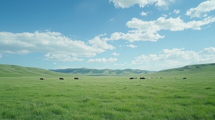 Obraz premium A wide green pasture with rolling hills, dotted with grazing cows under a bright blue sky.