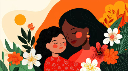A warm illustration of a mother and daughter embracing amidst vibrant flowers and a sunny backdrop, radiating love and connection.