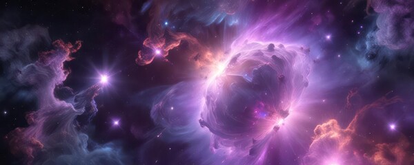 Soft glowing nebula with holographic texture and swirling purple gases,  glowing,  cosmos