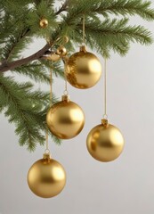 Golden Christmas ornaments hang from a branch isolated on white background ,  gold,  winter,  decorations