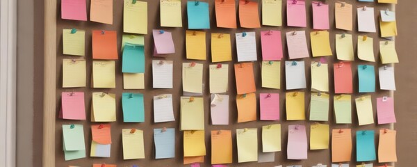 Obraz premium Pinned up colorful note cards on a bulletin board, office decor, colorful, creative storage