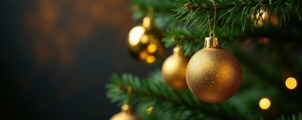 Golden ornaments hanging from a festive Christmas tree branch , festive, holiday, branches
