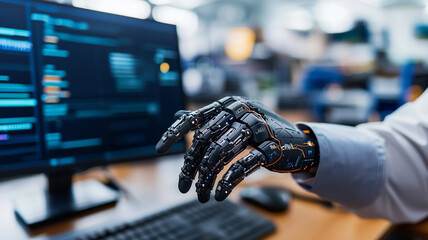 Ai generated robotic hand interaction digital workspace technology futuristic environment close-up view