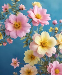 Soft watercolor flowers in shades of pink and yellow on a vibrant blue background,  soft,  watercolor