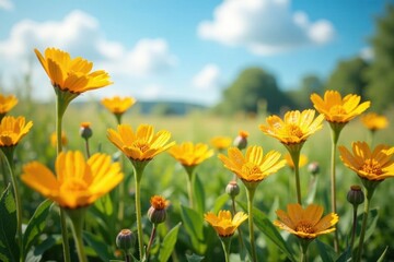 Fototapeta premium Pollen covered flowers in a field, garden, yellow