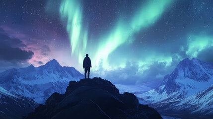 Fototapeta premium A solitary figure stands on a rocky ridge, gazing at the ethereal beauty of the aurora borealis dancing across a mountainous landscape. Aurora Ridge. Illustration